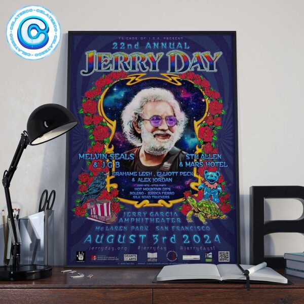 22nd Annual Jerry Day Celebrate The Greatest Rock Guitarist Of All Time Poster For The Show At Jerry Garcia Amphitheater In McLaren Park San Francisco On August 3rd 2024 Poster Canvas For Home Decor