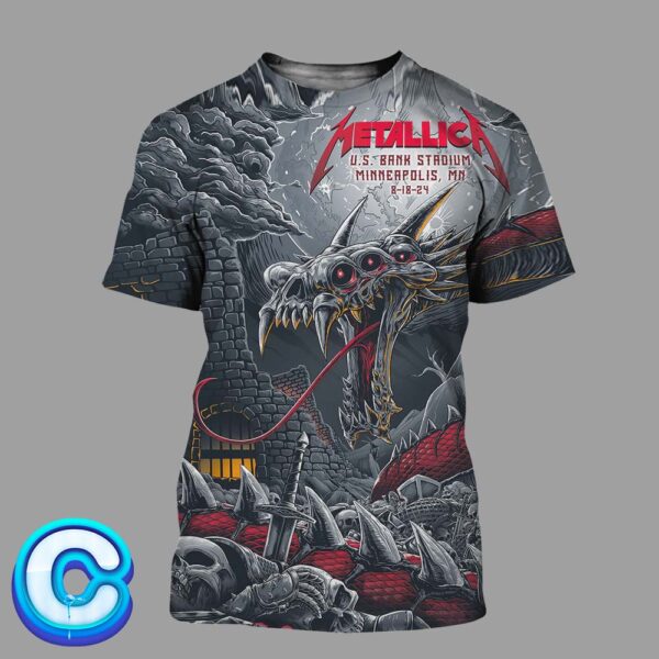 Metallica M72 Minneapolis MN Night 2 Poster For The Show Concert Music At US Bank Stadium On August 18th 2024 The Dragon Artwork All Over Print Shirt