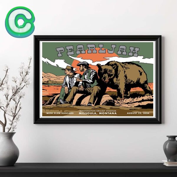 Pearl Jam With Glen Hansard At Washington Grizzly Stadium In Missoula Montana On August 22th 2024 Art By Cyrus Walker Home Decor Poster Canvas