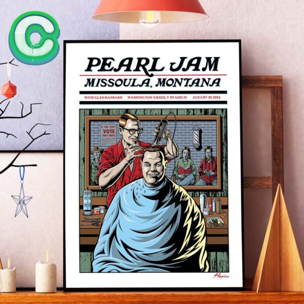 Pearl Jam With Glen Hansard At Washington Grizzly Stadium In Missoula Montana On August 22th 2024 Art By Justin Hampton Home Decor Poster Canvas