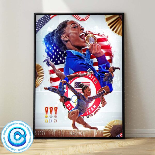 Simone Biles Has Been Taken Olympic Third Gold Medalist In The Vault Apparatus Final From Olympic Paris 2024 Wall Decor Poster Canvas